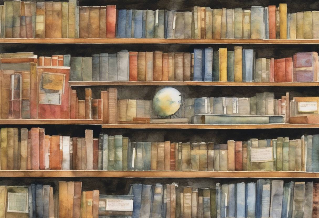 Watercolor painting based depiction of The Dewey Decimal Classification system, used in libraries worldwide, was updated to its 22nd edition, reflecting changes in knowledge organization and library science. (2003)
