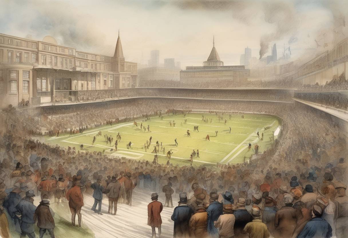 Watercolor painting based depiction of The first documented Canadian football game was played at the University of Toronto. (1861)