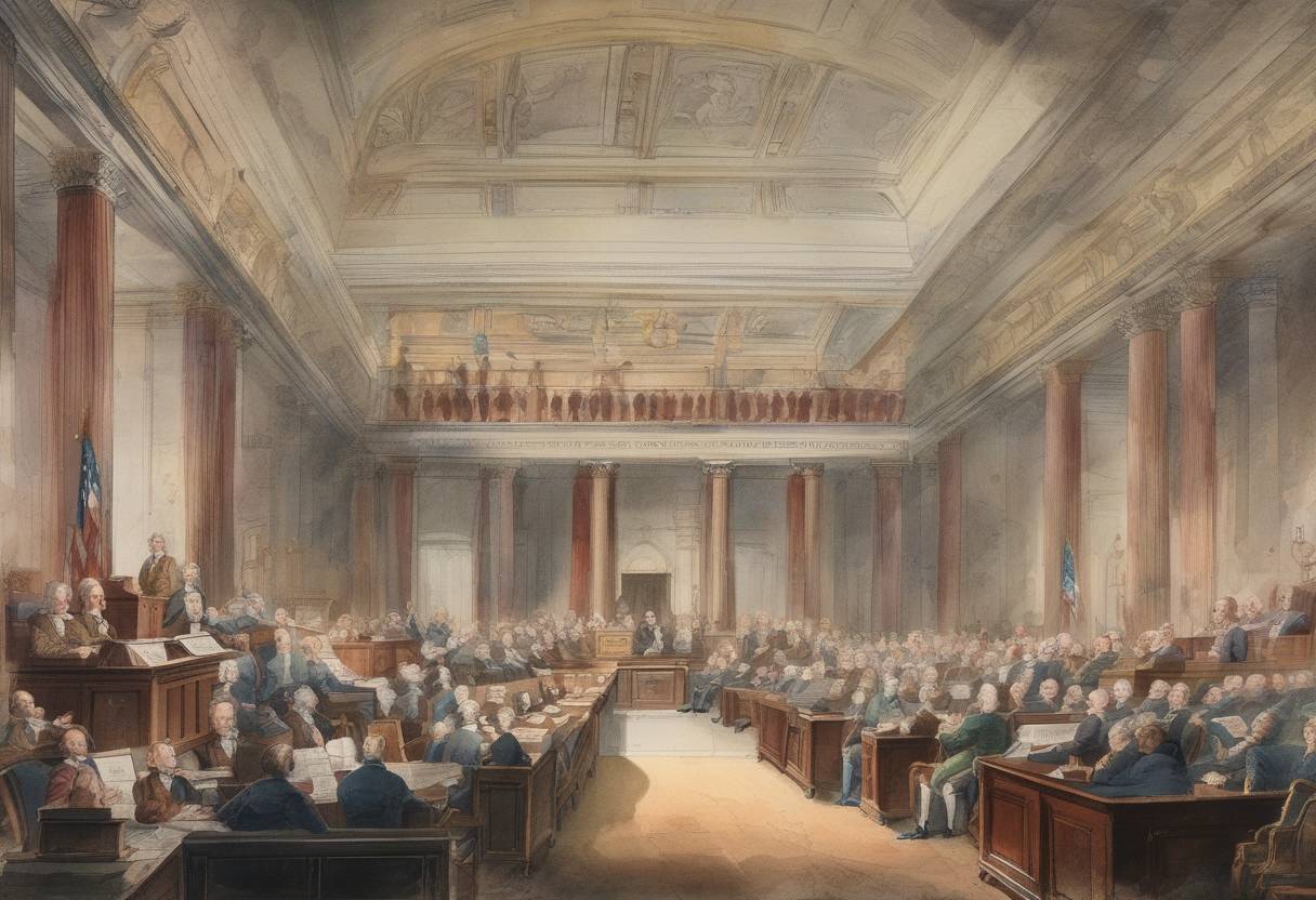 Watercolor painting based depiction of The United States Congress passed the Judiciary Act of 1789, establishing the federal judiciary and the Supreme Court. (1789)