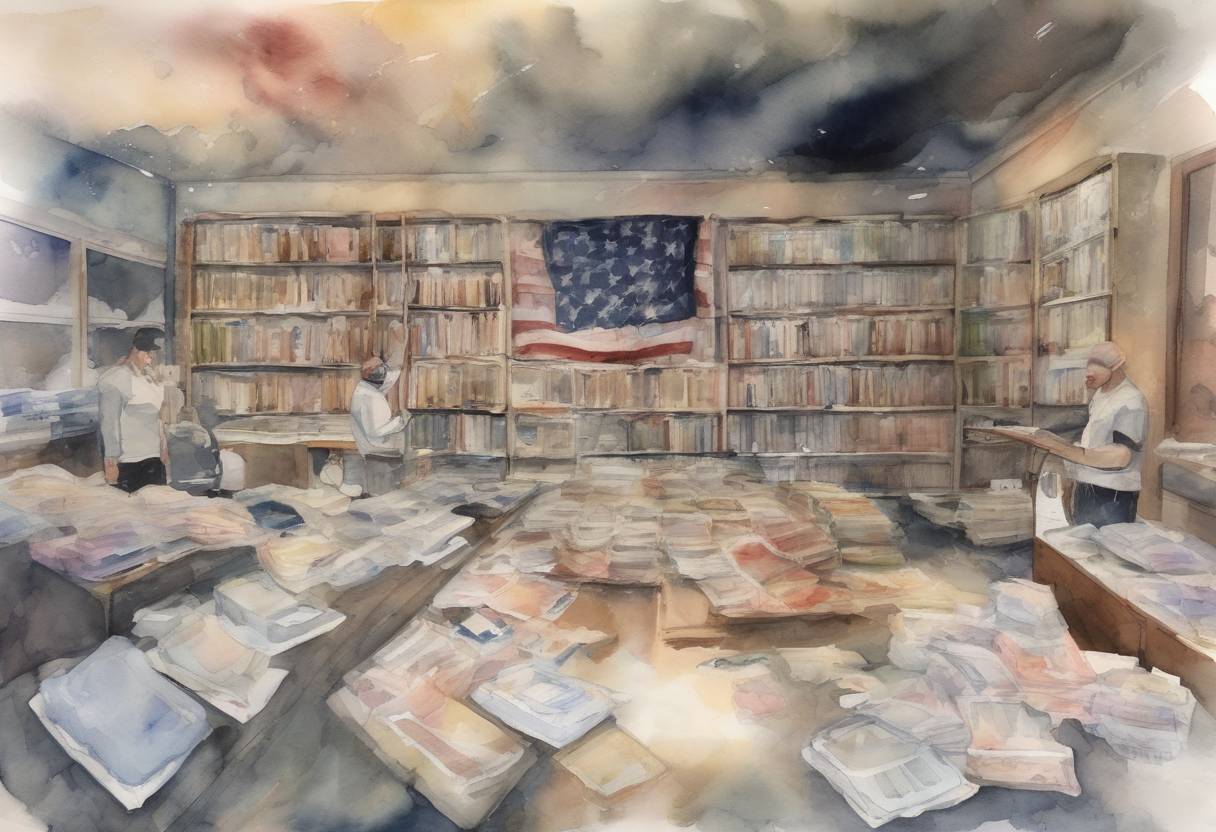 Watercolor painting based depiction of The United States records over 1,000 deaths from COVID-19 for the fourth consecutive day as the pandemic continues to surge. (2020)