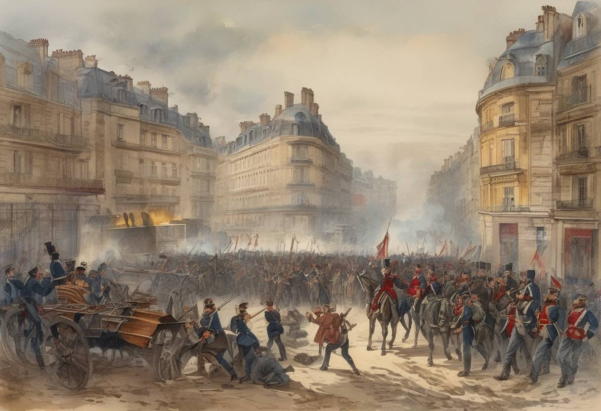 Watercolor painting based depiction of The Siege of Paris began during the Franco-Prussian War. The Prussian forces surrounded Paris, leading to a prolonged siege that lasted until January 28, 1871, resulting in the French surrender and the proclamation of the German Empire. (1870)