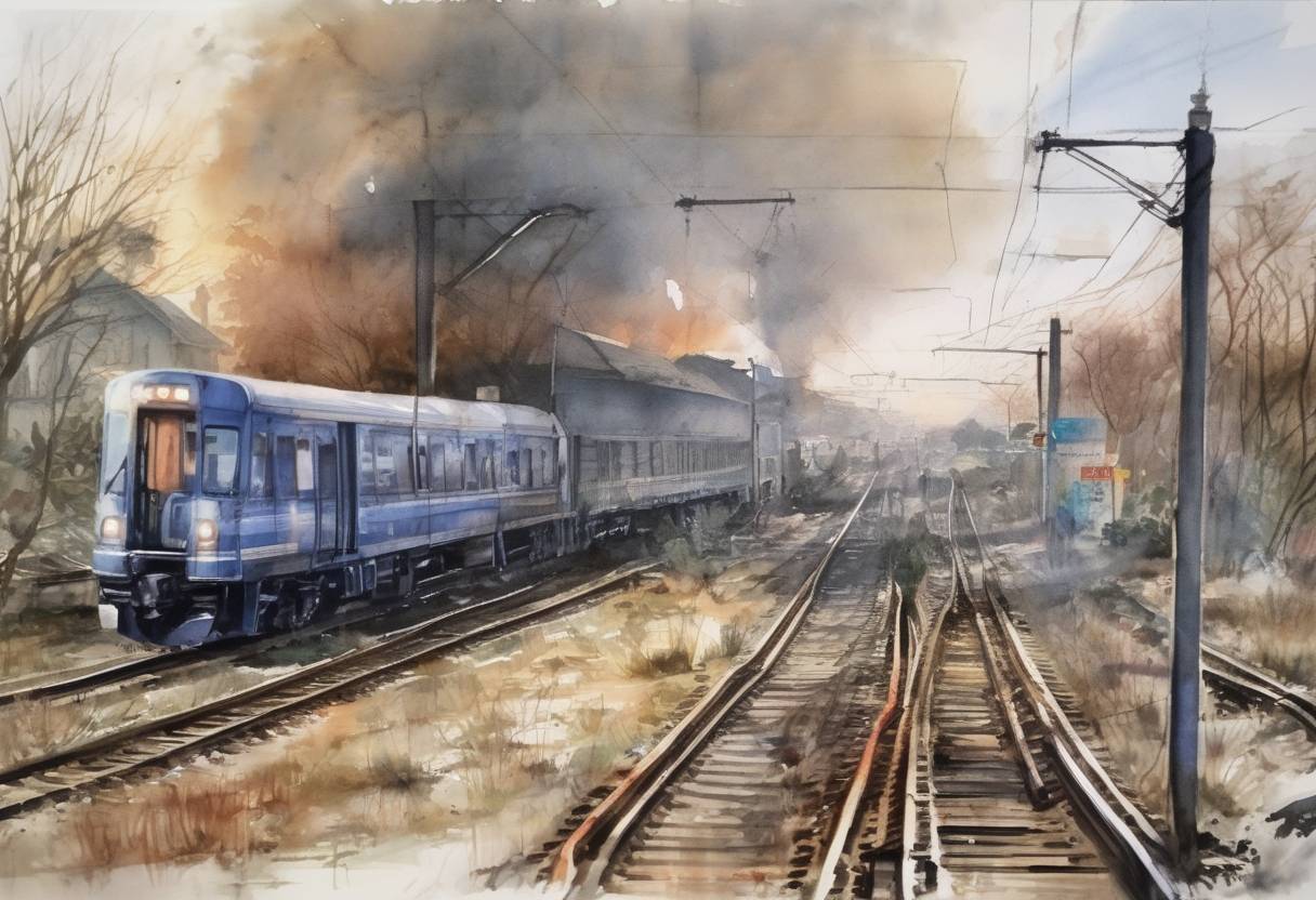 Watercolor painting based depiction of The Long Island Rail Road shooting occurred when Colin Ferguson opened fire on a train, killing six people and injuring 19 others. (1993)