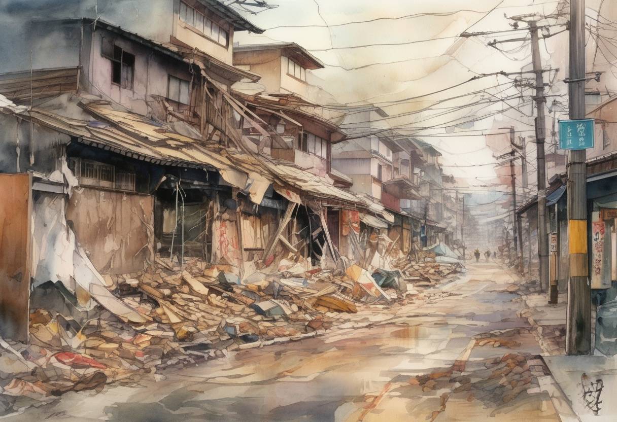 Watercolor painting based depiction of The Great Hanshin earthquake struck the Kobe region of Japan, resulting in over 6,000 deaths. (1995)