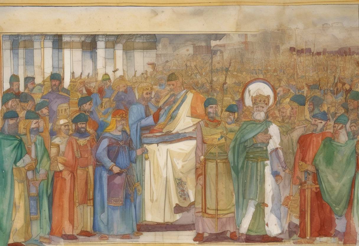 Watercolor painting based depiction of The second and final revision of the Codex Justinianus was published. This was part of the Corpus Juris Civilis, a fundamental work in the history of Western law, commissioned by Emperor Justinian I of the Byzantine Empire. (534)