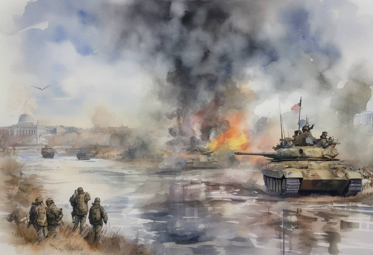 Watercolor painting based depiction of The United States and its allies formally accuse Russia of planning to fabricate a pretext for invading Ukraine, escalating tensions in the region. (2022)