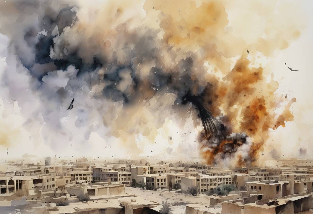 Watercolor painting based depiction of The first of a series of bombings occurred in Baghdad, Iraq, targeting civilians and resulting in significant casualties. (2006)