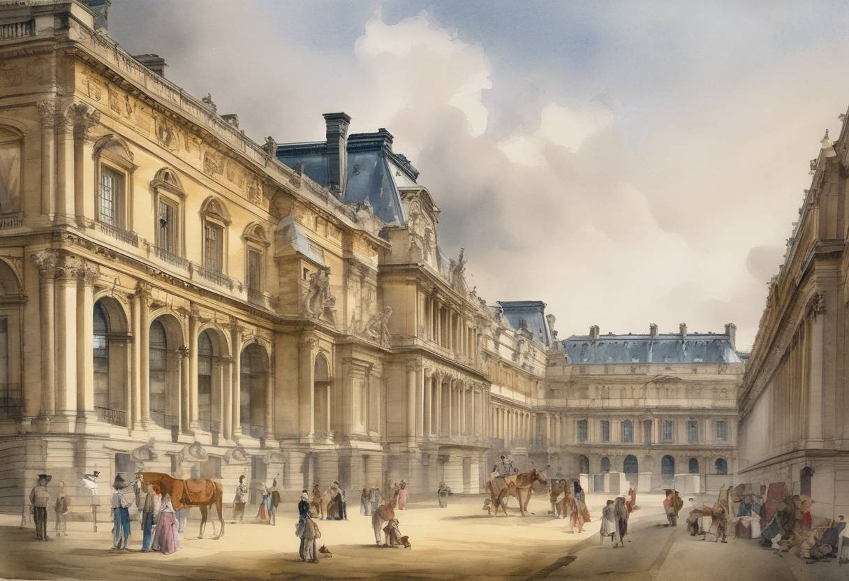 Watercolor painting based depiction of The Louvre Museum in Paris opened to the public for the first time as a museum, showcasing a collection of 537 paintings. (1793)