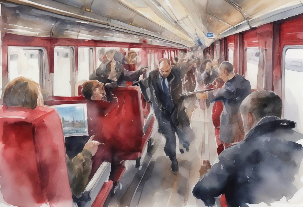 Watercolor painting based depiction of A gunman opens fire on a Thalys train traveling from Amsterdam to Paris, but is subdued by passengers, preventing a potential massacre. (2015)