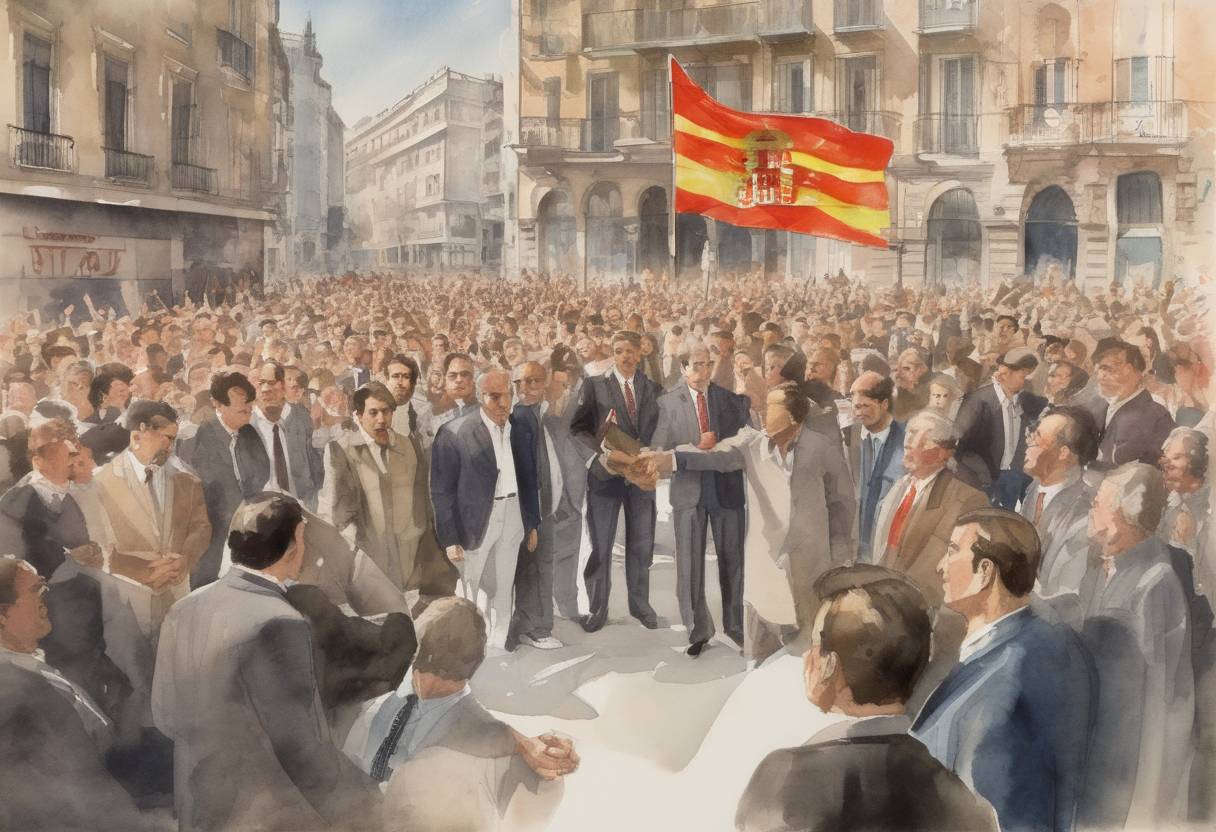 Watercolor painting based depiction of Spanish Socialist Workers' Party wins the general election, leading to the first socialist government in Spain since the Spanish Civil War. (1982)
