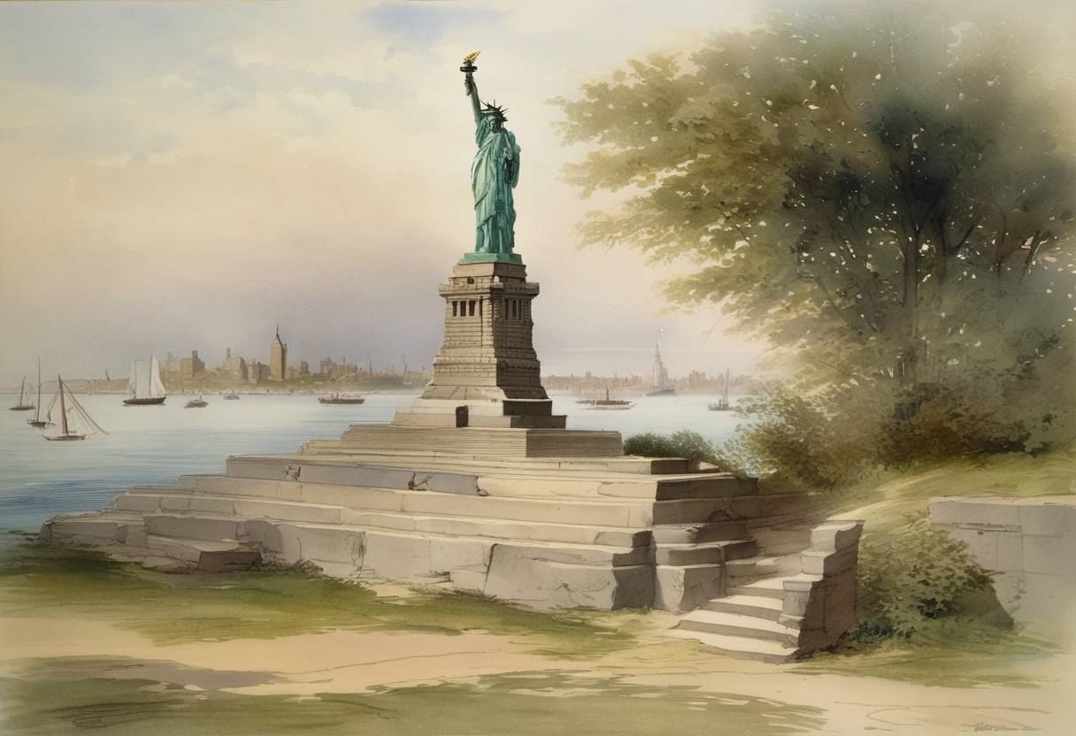 Watercolor painting based depiction of The cornerstone of the Statue of Liberty's pedestal was laid on Bedloe's Island in New York Harbor. (1885)