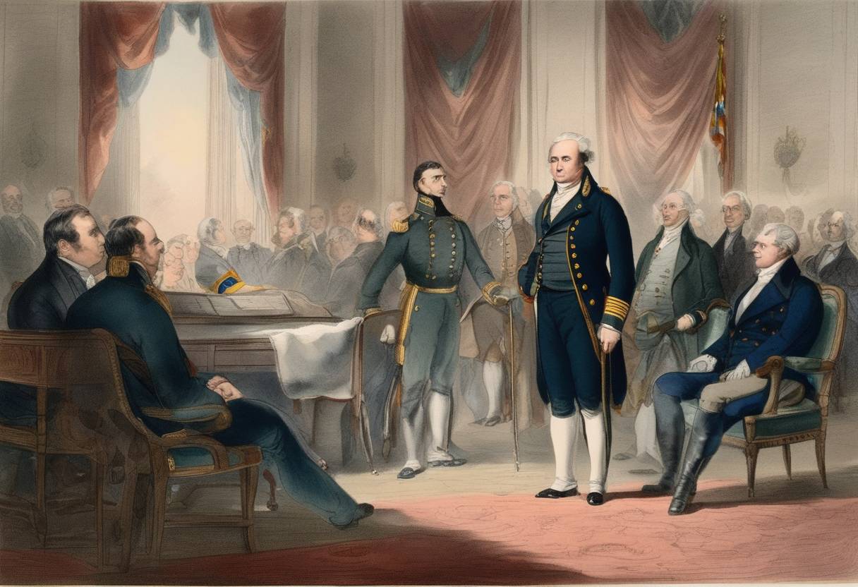 Watercolor painting based depiction of The appointment of John Adams Dix as New York State's Adjutant General marks a key moment in early 19th-century American state military organization. (1826)