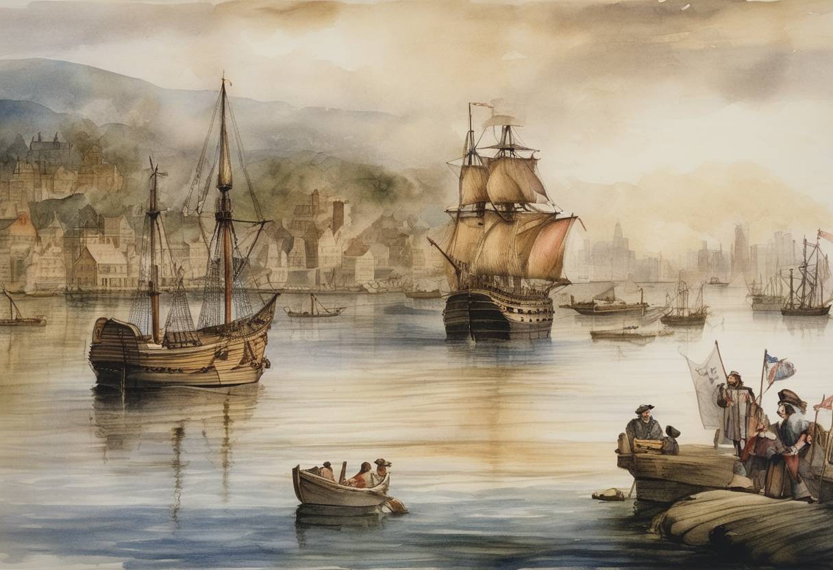 Watercolor painting based depiction of Navigator Henry Hudson explored the area associated with Manhattan Island and began the exploration that would eventually lead to the founding of New Amsterdam, which later became New York City. (1609)