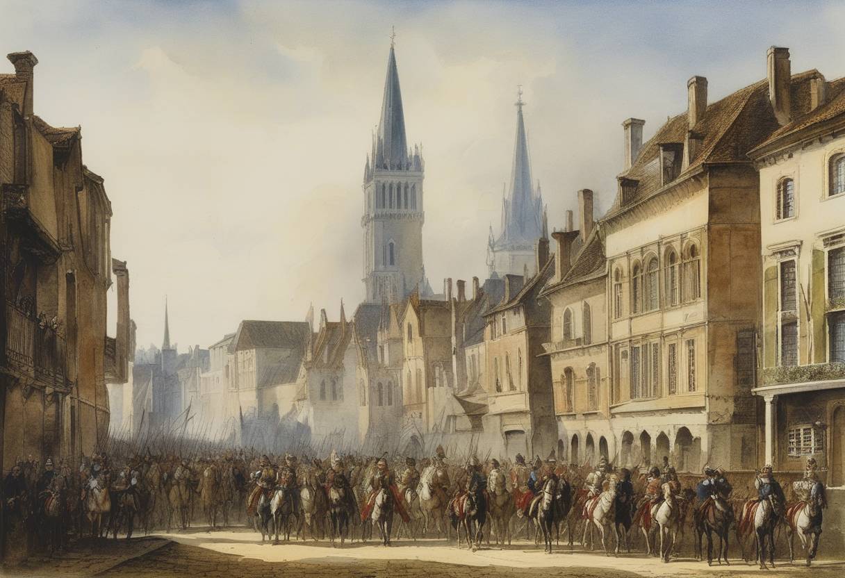 Watercolor painting based depiction of The League of Cambrai was formed, an alliance of European powers against the Republic of Venice intended to curb Venetian influence in Italy. (1508)