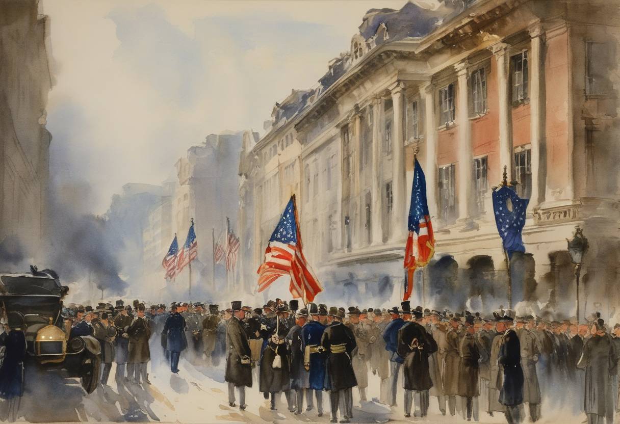 Watercolor painting based depiction of The United States signed a treaty with Germany regarding the evacuation of American troops from the Rhineland, marking significant post-World War I diplomatic negotiations. (1923)