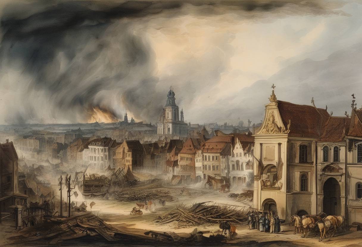 Watercolor painting based depiction of A violent tornado struck the city of Augsburg, causing significant destruction and loss of life. (1688)