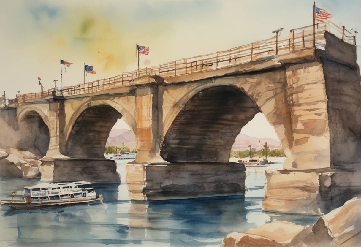 Watercolor painting based depiction of The London Bridge, which was dismantled and sold to an American entrepreneur, is officially re-opened in Lake Havasu City, Arizona. This event is emblematic of the quirky transfer of historical artifacts between continents. (1971)
