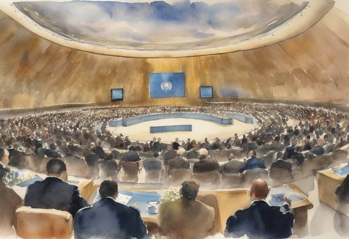 Watercolor painting based depiction of The United Nations Millennium Summit, one of the largest gatherings of world leaders, concludes after being held in New York City. During the summit, world leaders adopt the Millennium Declaration, setting out eight Millennium Development Goals to reduce poverty, hunger, and disease by 2015. (2000)