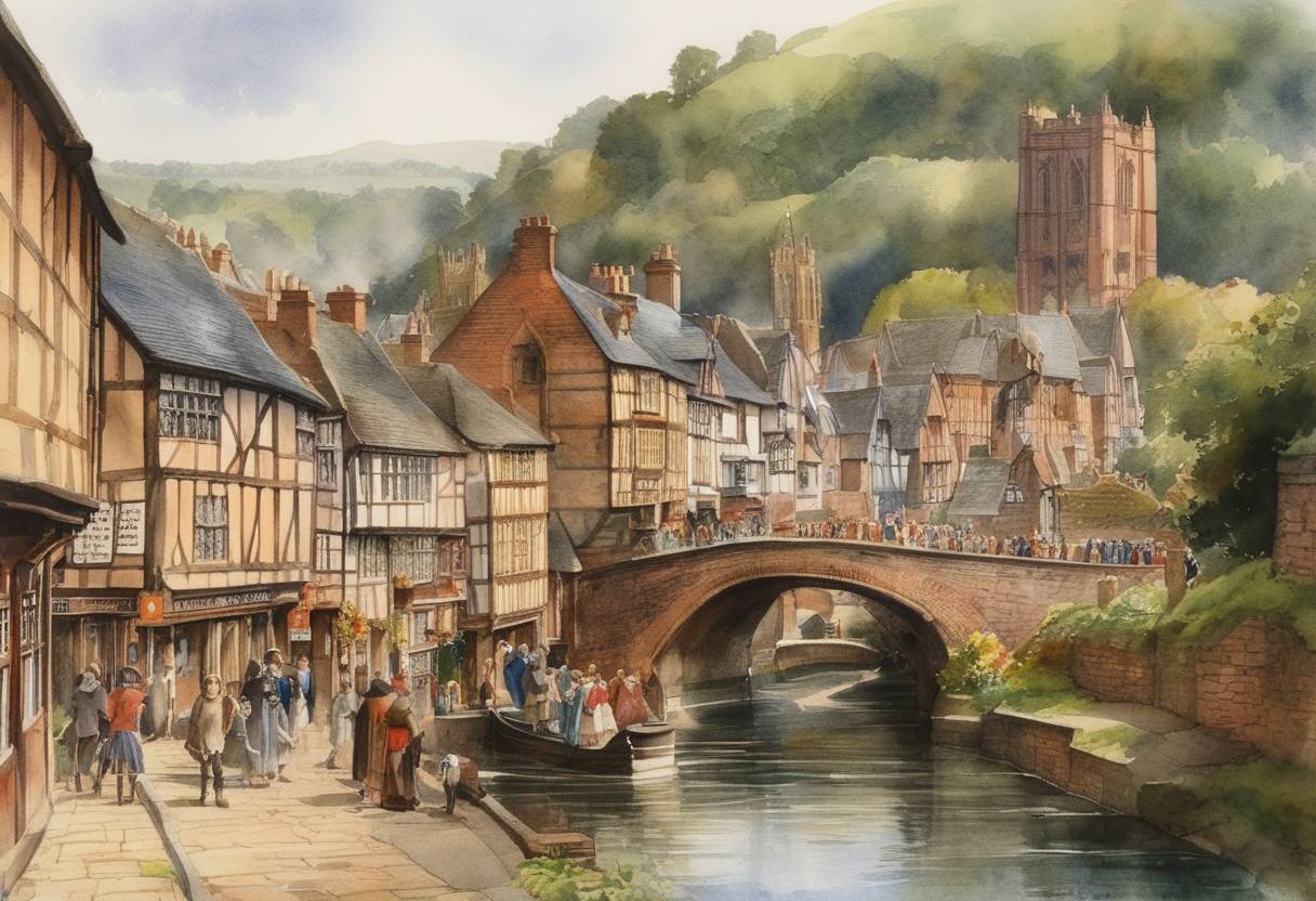 Watercolor painting based depiction of King John of England granted the town of Bridgnorth in Shropshire, England, its first royal charter, which marked a significant step in its development as a medieval community. (1200)