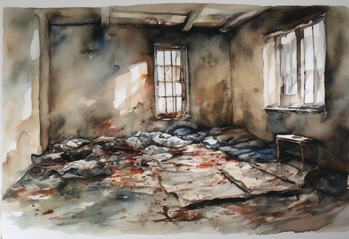 Watercolor painting based depiction of The second day of the Beslan school hostage crisis, continuing a tragedy that would have profound impacts on Russian counter-terrorism policies and security measures. (2004)