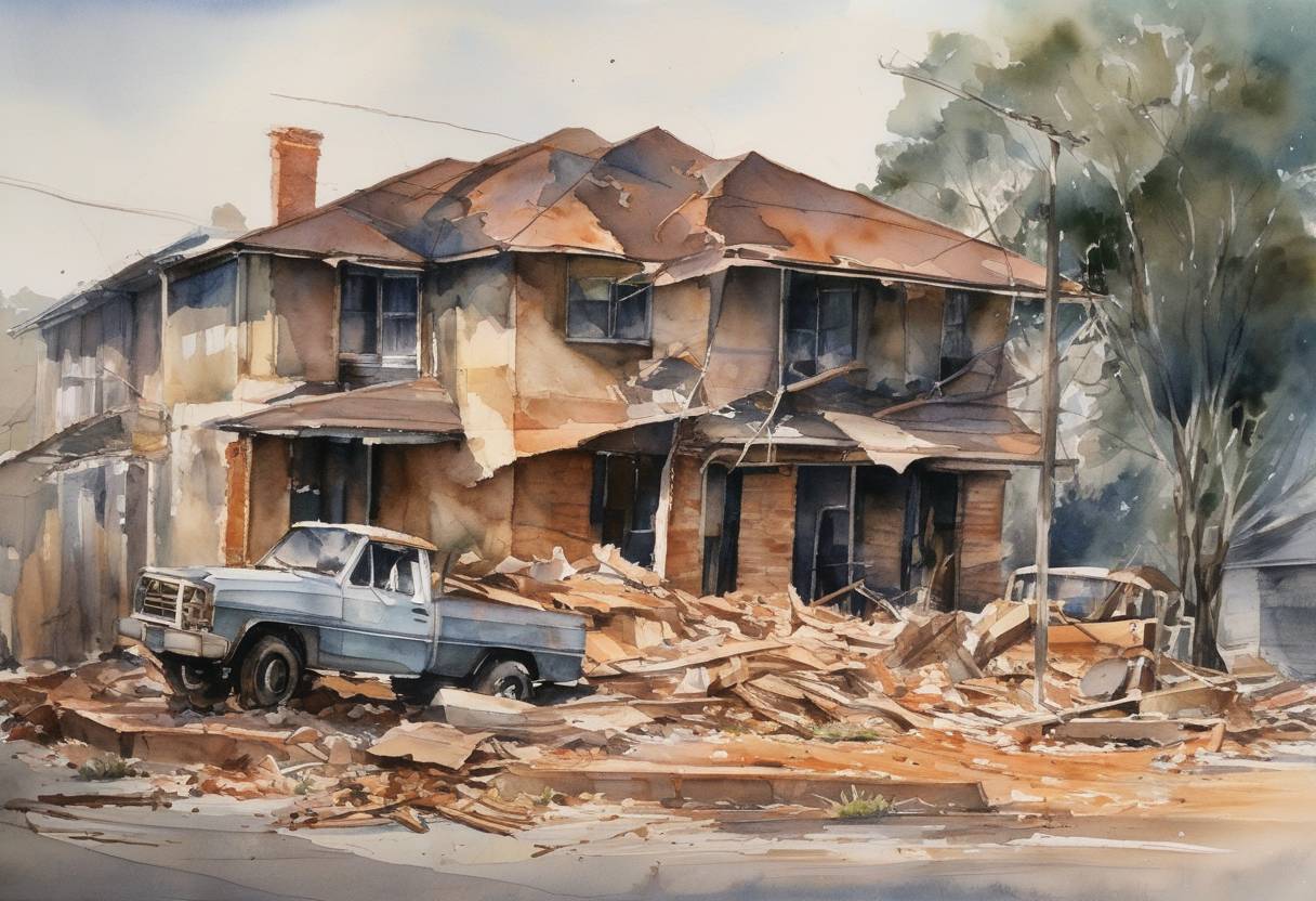 Watercolor painting based depiction of A magnitude 5.6 earthquake struck Newcastle, New South Wales, causing extensive damage and resulting in 13 fatalities. It was one of Australia's most damaging earthquakes. (1989)