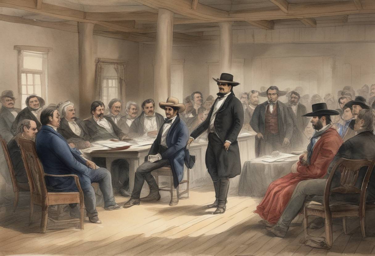 Watercolor painting based depiction of Texan political delegates convene at the Convention of 1832 to discuss issues such as immigration, judicial reform, and new regulations on land ownership. (1832)