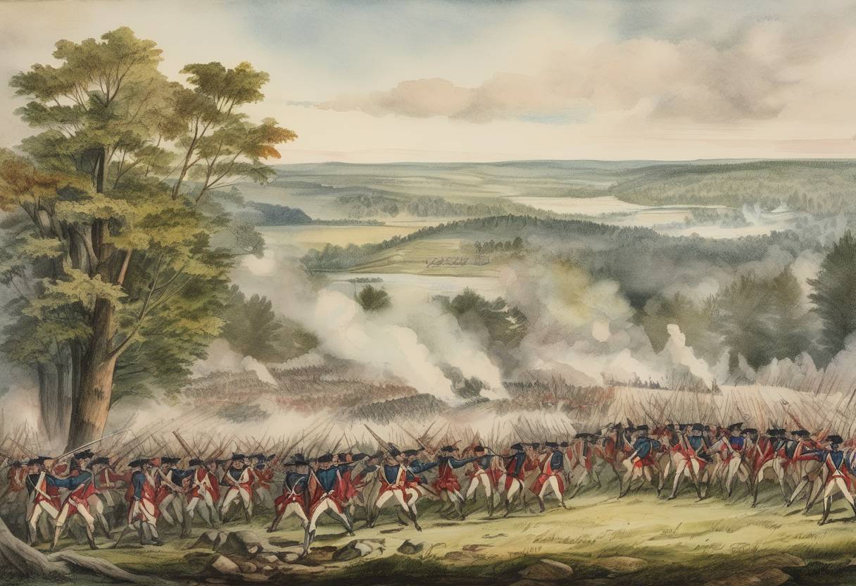Watercolor painting based depiction of The Battle of Bennington occurred during the American Revolutionary War, resulting in a decisive victory for American forces over British and Hessian troops. (1777)