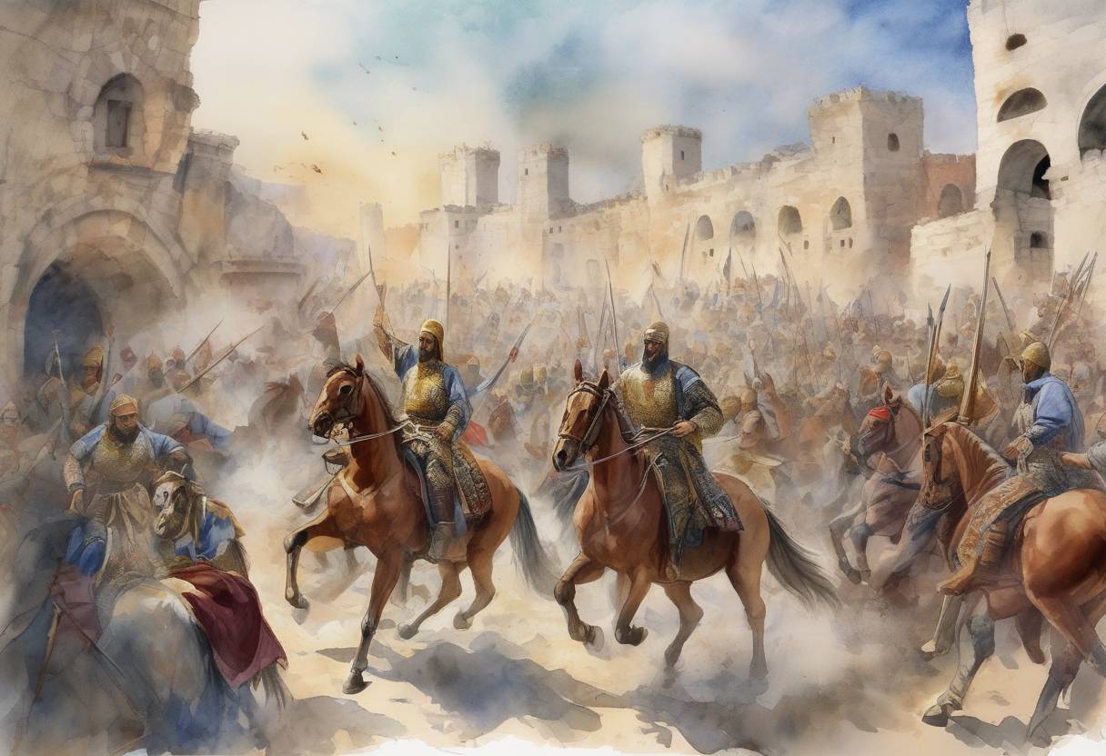Watercolor painting based depiction of The Umayyad forces, led by Tariq ibn Ziyad, began their invasion of the Iberian Peninsula, marking the start of the Muslim conquest of Hispania. (711)