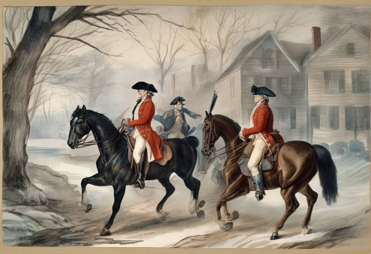 Watercolor painting based depiction of Paul Revere and William Dawes embarked on their midnight ride to warn the colonial militia of the approaching British forces before the battles of Lexington and Concord, which marked the beginning of the American Revolutionary War. (1775)