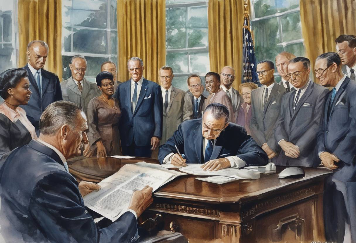 Watercolor painting based depiction of U.S. President Lyndon B. Johnson signs the Civil Rights Act of 1964 into law, prohibiting discrimination based on race, color, religion, sex, or national origin. (1964)