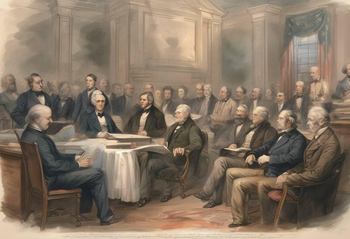 Watercolor painting based depiction of The 14th Amendment to the United States Constitution was certified, granting citizenship to all persons born or naturalized in the United States, including former slaves. (1868)