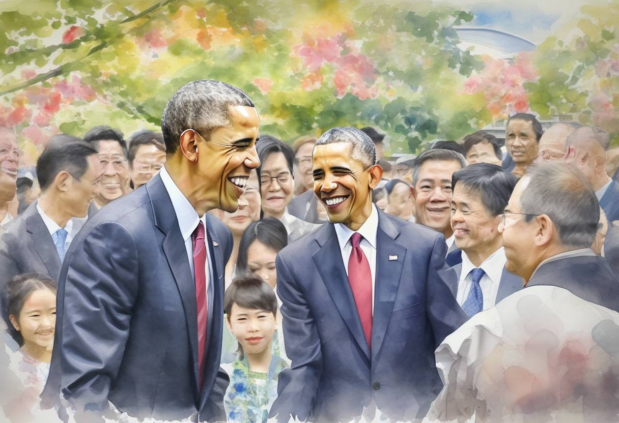 Watercolor painting based depiction of President Barack Obama becomes the first sitting U.S. president to visit Hiroshima, Japan, where he calls for a world without nuclear weapons. (2016)