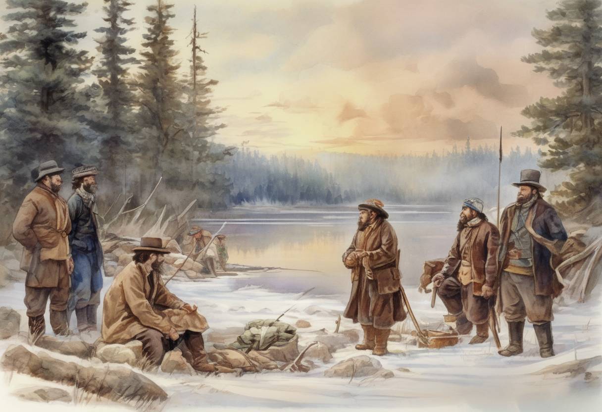 Watercolor painting based depiction of The Métis people, led by Louis Riel, begin the North-West Rebellion in Canada. (1885)