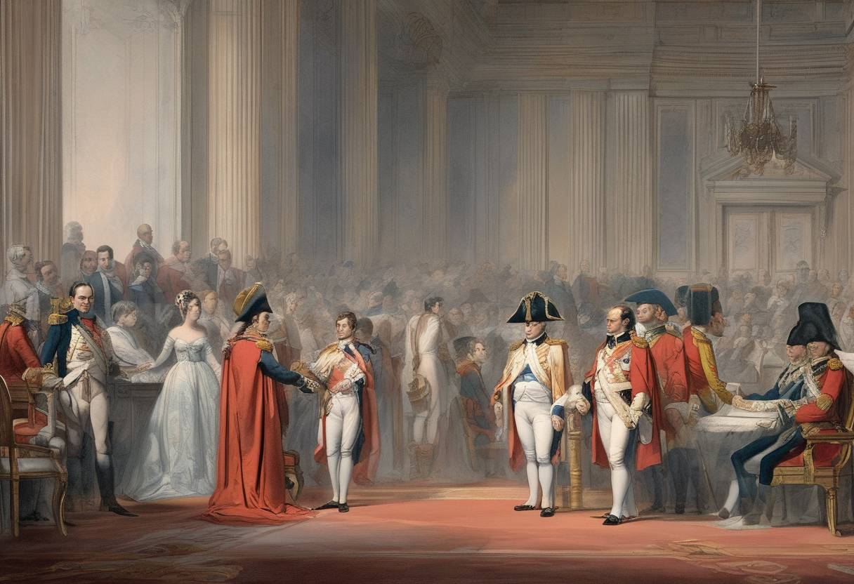 Watercolor painting based depiction of Napoleon Bonaparte is proclaimed Emperor of the French by the French Senate, marking the transition from the French Consulate to the First French Empire. (1804)