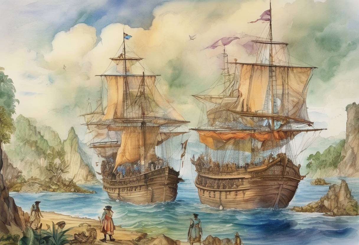 Watercolor painting based depiction of Ferdinand Magellan arrives at Cebu in the Philippines during his circumnavigation of the globe. (1521)