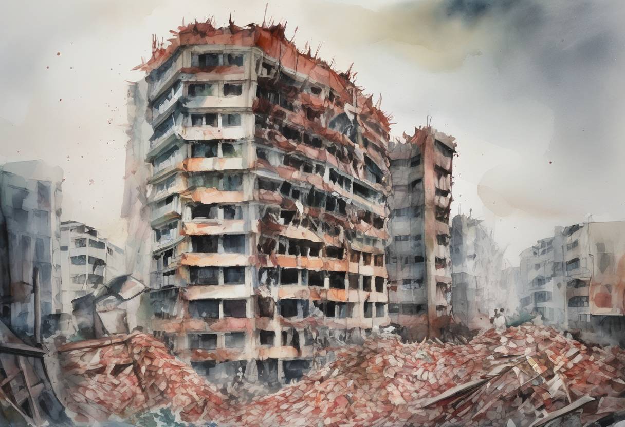 Watercolor painting based depiction of The Rana Plaza building in Bangladesh collapsed, killing over 1,100 people and injuring more than 2,500, highlighting the poor working conditions in the garment industry. (2013)