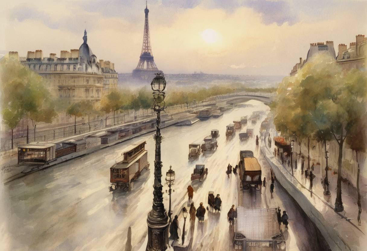 Watercolor painting based depiction of A long-distance radio message is sent from the Eiffel Tower for the first time. (1908)