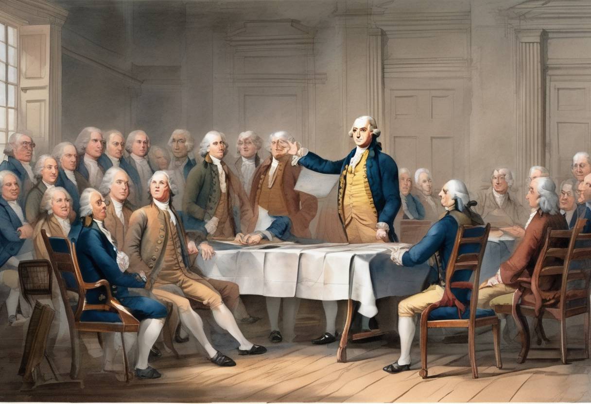 Watercolor painting based depiction of The Continental Congress appointed a committee to draft the Declaration of Independence, which included Thomas Jefferson, John Adams, Benjamin Franklin, Roger Sherman, and Robert R. Livingston. (1776)