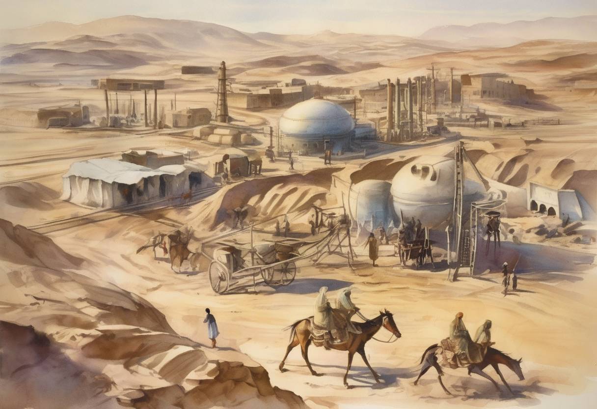 Watercolor painting based depiction of Oil is discovered in Saudi Arabia, marking the beginning of significant oil production in the country. (1938)