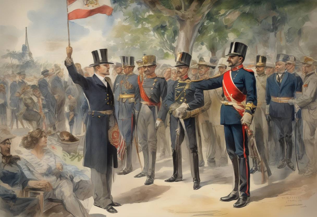 Watercolor painting based depiction of The Spanish-American War officially ended with the signing of the Treaty of Paris, in which Spain ceded Puerto Rico, Guam, and the Philippines to the United States. (1899)