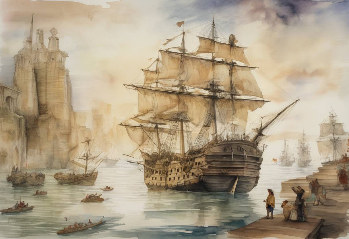 Watercolor painting based depiction of Christopher Columbus embarked on his fourth and final voyage to the New World, aiming to find a passage to Asia. (1502)