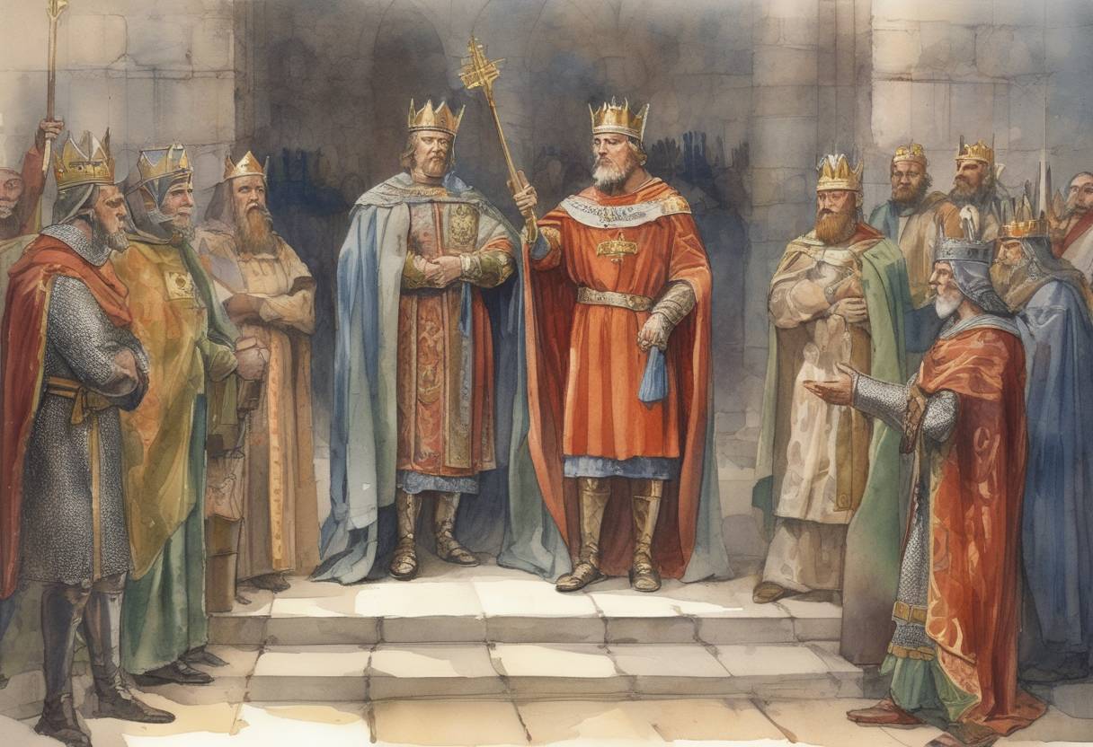 Watercolor painting based depiction of Harold Godwinson was crowned King of England, succeeding Edward the Confessor. (1066)