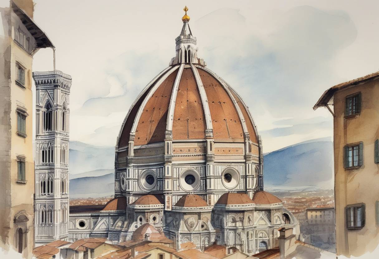 Watercolor painting based depiction of Construction of the dome of Santa Maria del Fiore in Florence began, designed by Filippo Brunelleschi, marking a significant development in Renaissance architecture. (1420)