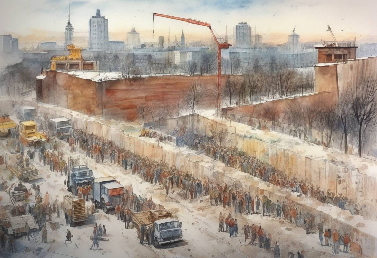 Watercolor painting based depiction of Construction of the Berlin Wall begins, dividing East and West Berlin and symbolizing the Cold War's division of East and West Europe. (1961)