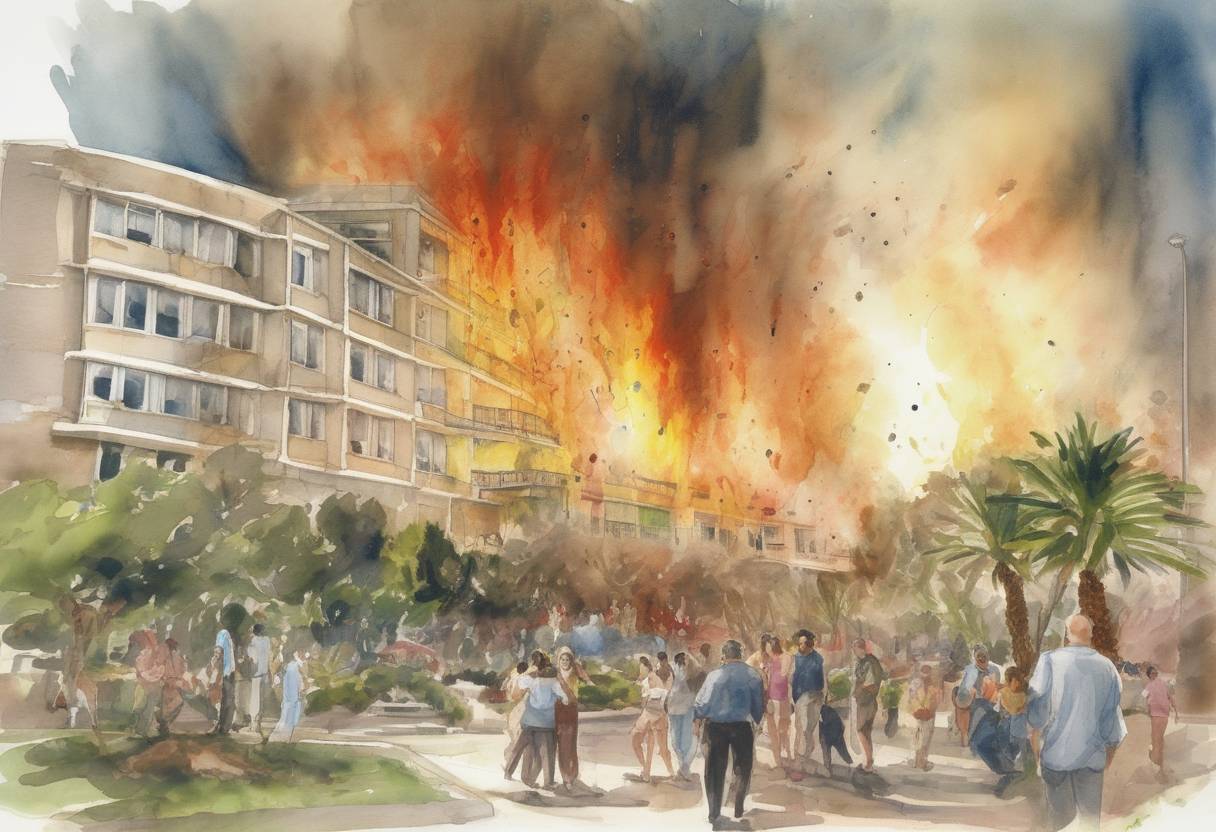 Watercolor painting based depiction of A suicide bombing at the Park Hotel in Netanya, Israel, killed 30 people and injured 140 others during a Passover Seder, marking one of the deadliest attacks of the Second Intifada. (2002)