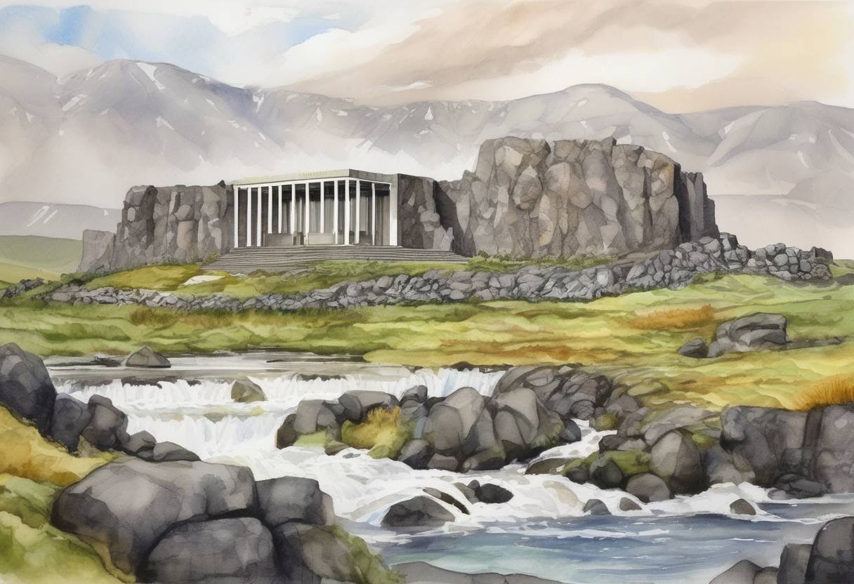 Watercolor painting based depiction of The Alþingi, the national parliament of Iceland, was established at Þingvellir. It is one of the oldest parliaments in the world. (930)