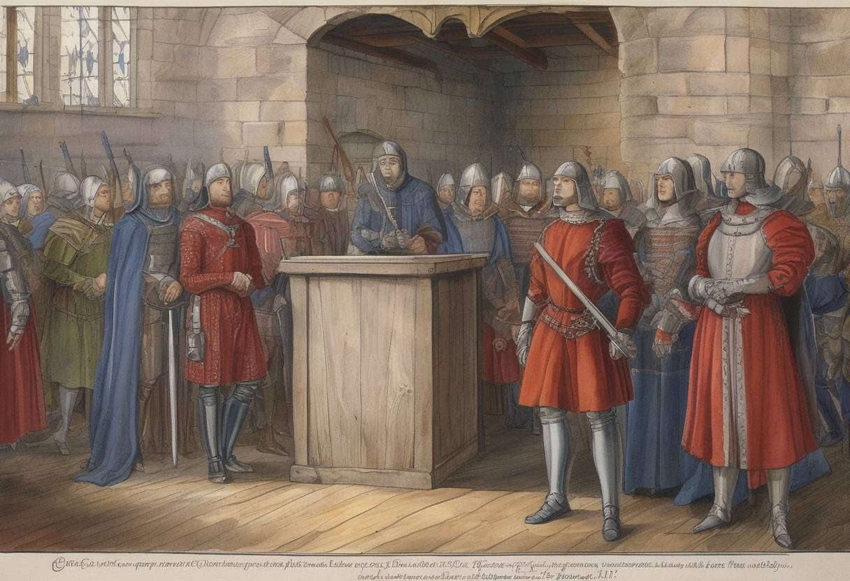 Watercolor painting based depiction of George, Duke of Clarence, is executed for treason against his brother Edward IV of England. Legend has it that he was drowned in a butt of Malmsey wine. (1478)