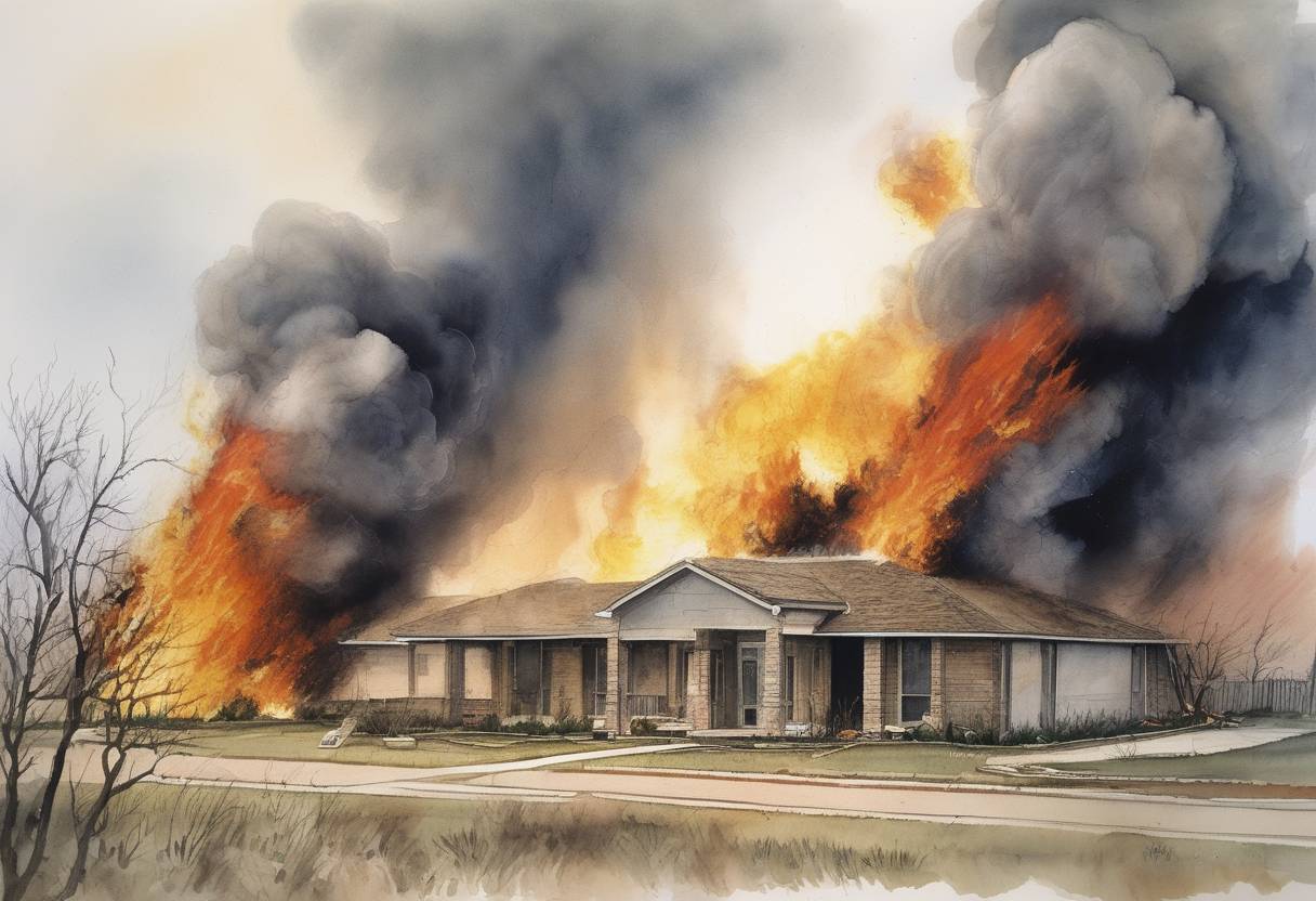 Watercolor painting based depiction of The Waco siege ends when the Branch Davidian compound in Waco, Texas, is destroyed by fire after a 51-day standoff with federal agents. (1993)