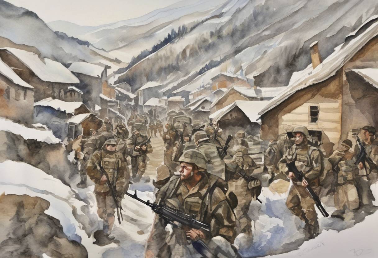 Watercolor painting based depiction of The Russo-Georgian War began as Georgia launched a military operation to regain control over the breakaway region of South Ossetia, leading to a conflict with Russia. (2008)