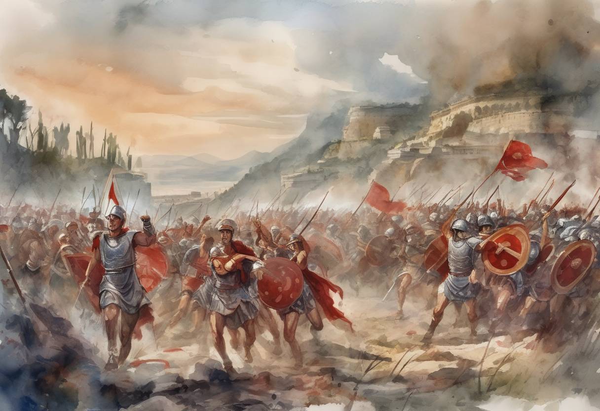 Watercolor painting based depiction of Julius Caesar's forces decisively defeat Pompey's army at the Battle of Dyrrhachium during Caesar's Civil War. (48)