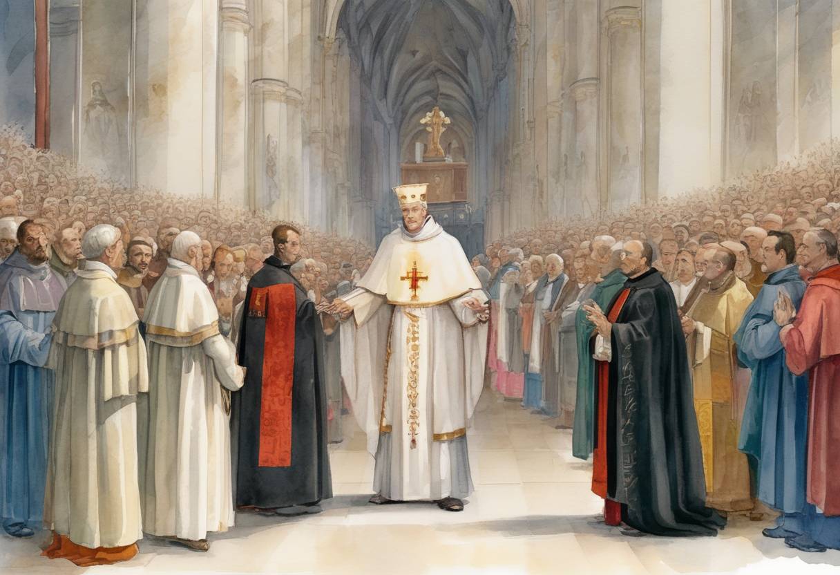 Watercolor painting based depiction of Saint Ulrich of Augsburg becomes the first saint to be canonized by a pope, Pope John XV, marking a significant development in the formal process of canonization in the Catholic Church. (993)
